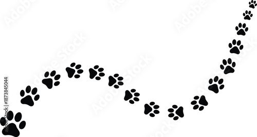 Curved trail of black paw prints in playful animal footprint pattern, perfect for pets, dogs, cats, and cute design themes