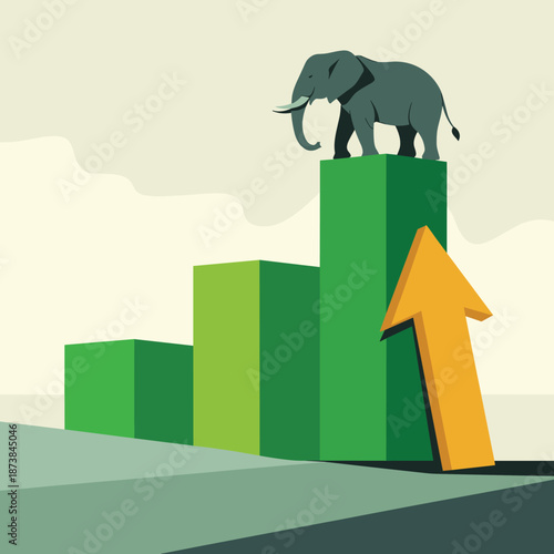 Gray elephant stands on the highest bar of a green bar graph with a rising yellow arrow indicating growth and success.