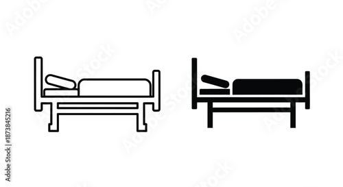 Line and solid black icons of two simple beds with pillows on a white background.