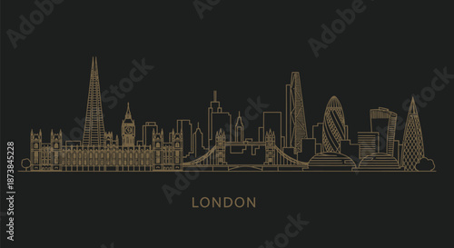 Gold line illustration of London city skyline at night on a black background with white space