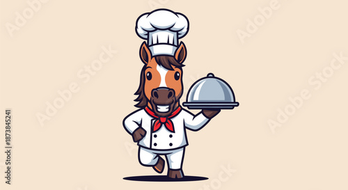 Cartoon horse wearing chef hat and uniform holding silver serving dish on beige background.
