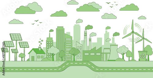 Green sustainable city illustration, renewable energy, solar panels, wind turbines, eco industry, clean environment, smart urban future design