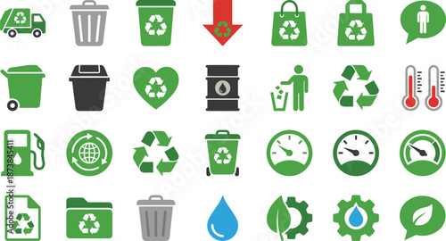 Green recycling and waste management icons set, eco lifestyle, reusable bags, energy saving, sustainability, environmental protection illustration symbols