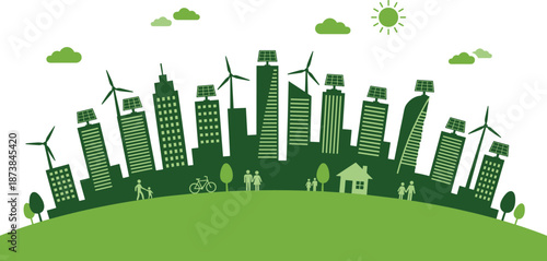 Green smart city illustration, renewable energy skyline, solar panels, wind turbines, sustainable urban life, eco friendly future environment design