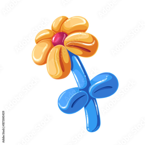 Balloon flower with glossy petals and bright inflatable stem, playful flower element for birthday decor, shiny cartoon style, cheerful details, vector illustration