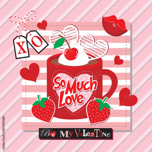 Happy valentine's day with mug, strawberry and hearts