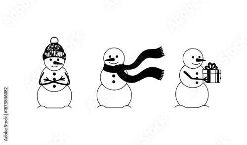 Minimal Christmas snowmen vector illustration set with modern flat winter characters