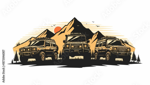 Three Off Road Vehicles in Mountainous Landscape.