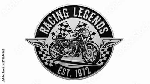 Vintage Motorcycle Racing Legends Emblem with Wings and Checkered Flags.