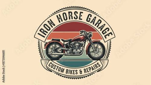 Vintage Motorcycle Emblem with Sunset and Text.