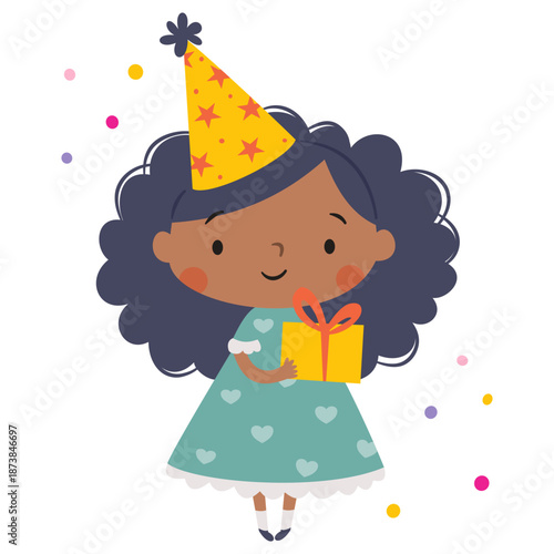 A cute girl is holding a gift box in the birthday boy's hat, flat vector illustration on a white background. Vector illustration