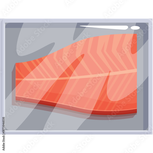 Illustration of a raw salmon fillet in plastic packaging