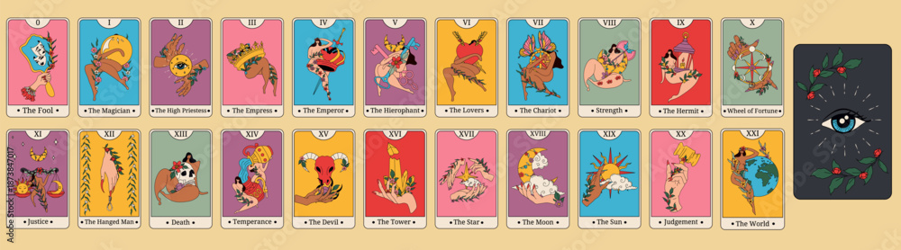 Fototapeta premium Vibrant Tarot Card Deck Featuring Bold Designs