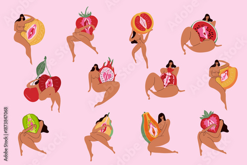 Whimsical Pink Pattern Featuring Fruits and Abstract Figures