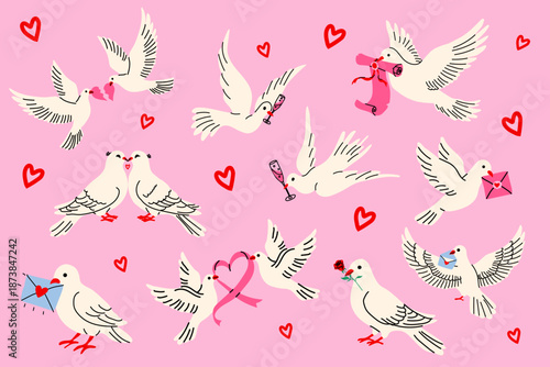 Romantic Doves with Hearts, Letters, and Love Symbols