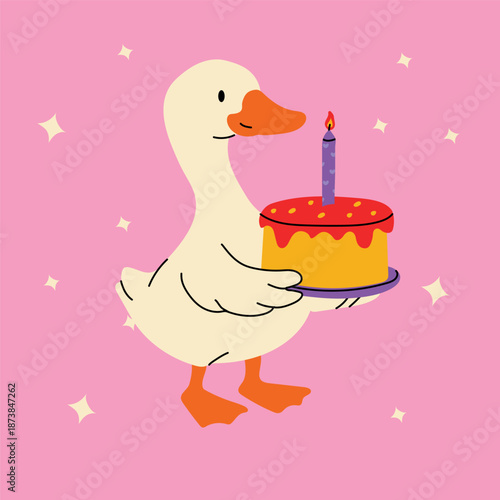 Joyful Duck Carrying a Birthday Cake with a Candle