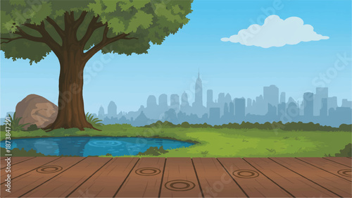 Cartoon illustration of a large tree and pond overlooking a city skyline from a wooden deck