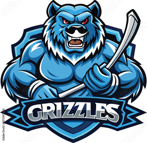 Fierce Grizzly Bear Mascot Holding Hockey Stick, Sports Team Emblem for Athletic Competitions and Game Events