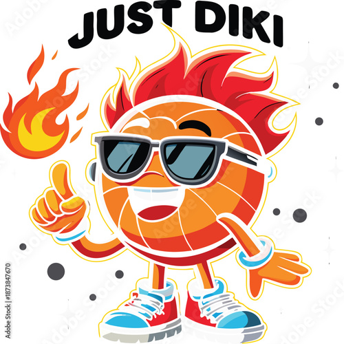 Cool basketball character with sunglasses, hot flame, and stylish sneakers, perfect for sports branding and merchandise
