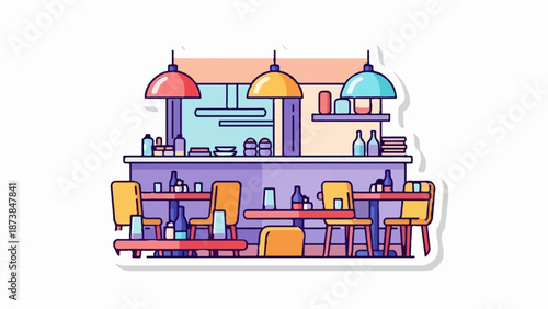 Minimalist cartoon illustration of a cozy cafe or restaurant interior with tables, chairs, and lamps
