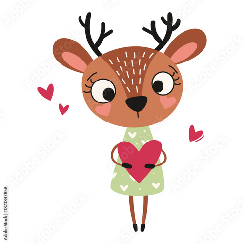 Cute deer in a dress holding a heart, flat vector illustration on the theme of Valentine's Day. Vector illustration