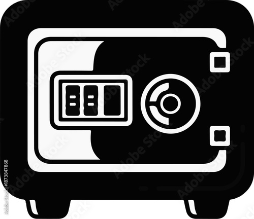 Minimalist icon of a black security safe with a digital keypad and dial