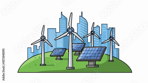 Modern cityscape powered by renewable energy from wind turbines and solar panels