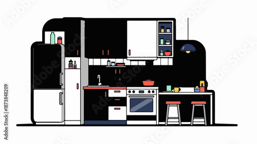 Modern, minimalist kitchen scene with appliances, cabinets, and a breakfast bar