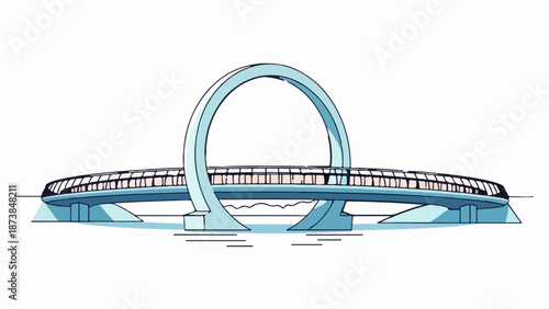 Modern loop-shaped bridge with a sleek, enclosed walkway over water