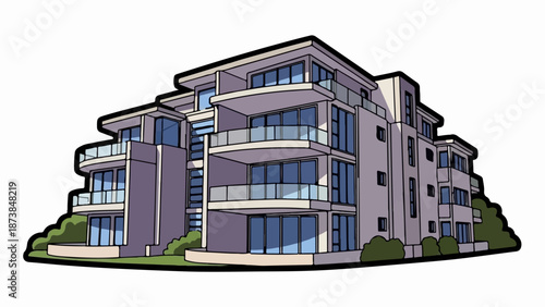 Modern multi-story apartment building with balconies, large windows, and landscaping