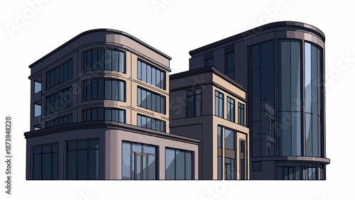 Modern office buildings with rounded corners and reflective windows against a white background