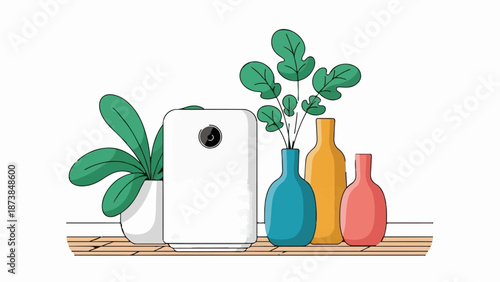 Modern still life with an air purifier, potted plant, and decorative vases