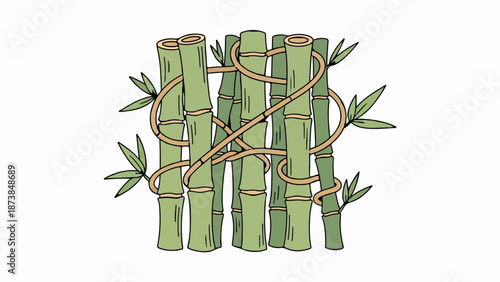 Green bamboo stalks intertwined with brown vines and sparse leaves