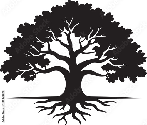 Majestic tree with roots vector illustration, strong natural element for environmental designs