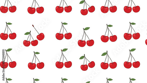 Seamless cherry pattern featuring bright red fruit clusters with green leaves in a fresh vibrant decorative vector design