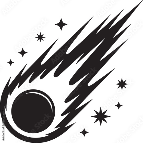 Meteorite falling silhouette with fire trail and stars for space exploration and galaxy icons