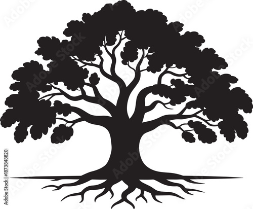 Oak tree silhouette with large crown and visible roots for nature and environment theme design