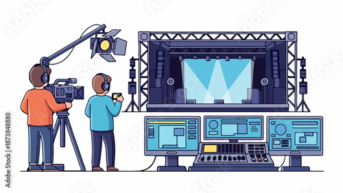 Film crew prepares a stage with cameras, lights, and control monitors for a show