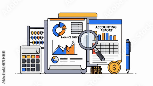Financial analysis tools calculator, abacus, charts, magnifier, pen, coins, reports