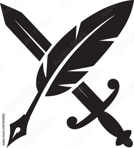 Quill pen crossing small sword vector icon representing writing literature and warfare concept