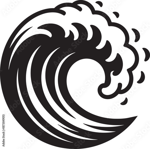 Stylized powerful ocean wave breaking with curling water and splashing spray vector graphic illustration