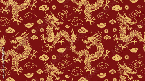 Vibrant red background with gold chinese dragons and coins pattern for festive decorations and cultural celebrations with gold coins and Chinese culture with lucky dragon