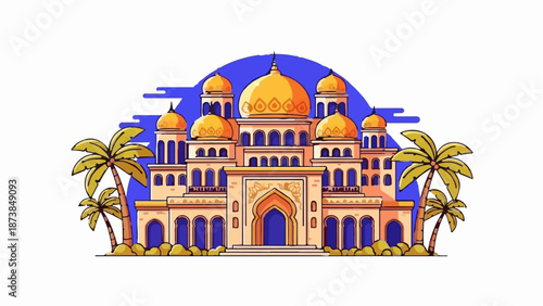Ornate palace with golden domes and palm trees under a blue abstract sky