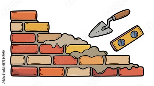 Building a Foundation: A visual representation of a brick wall being constructed, showcasing the process with meticulous detail, complete with essential tools like a trowel and level.