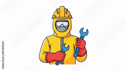 Cartoon worker in protective yellow suit, hard hat, goggles, and red gloves holding two blue wrenches
