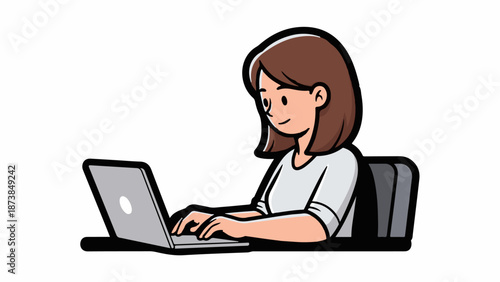 Cartoon woman with brown hair typing on a laptop computer at her desk