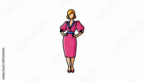 Cartoon woman in pink dress, standing confidently with hands on hips, blonde hair