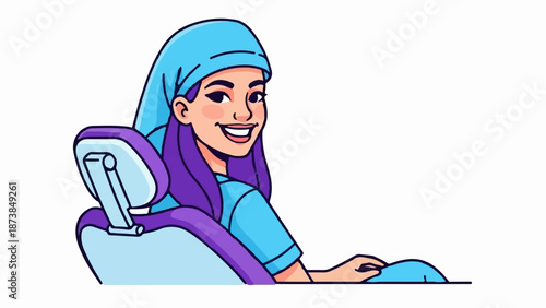 Cartoon woman in blue scrubs and head covering, smiling while sitting in dental chair