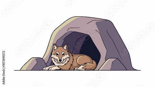 Cartoon wolf resting in a den at the entrance of a cave