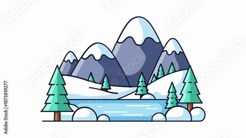 Cartoon winter landscape featuring snow-capped mountains, pine trees, a frozen lake, and snowy hills